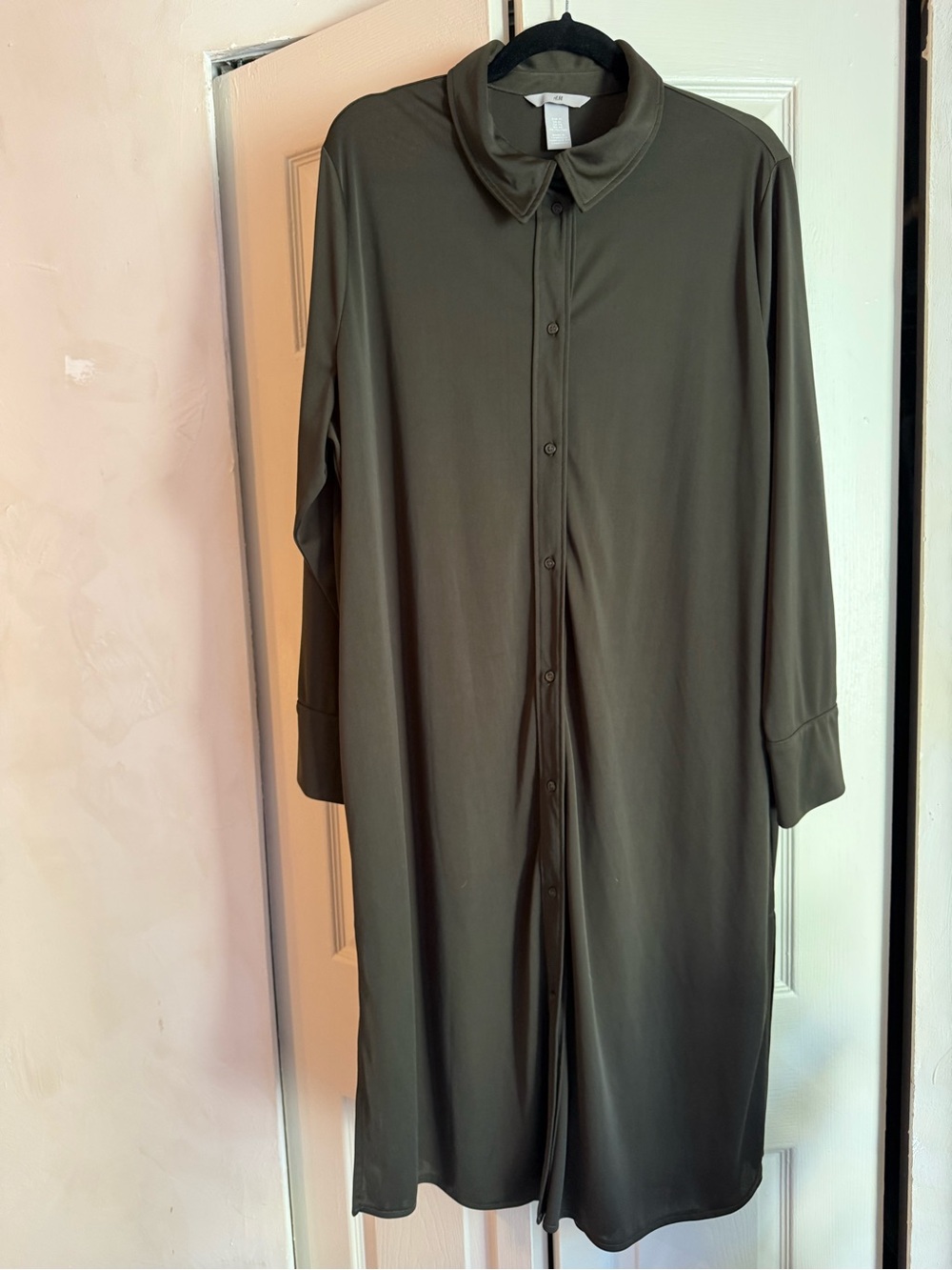 H&M Olive Green Long Button-Front Shirt Dress